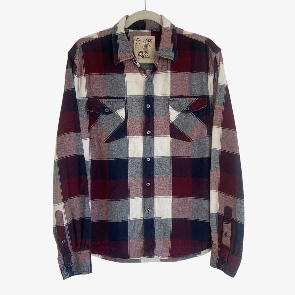 Coastal Mens Red & Navy Plaid Button Down Flannel Shirt